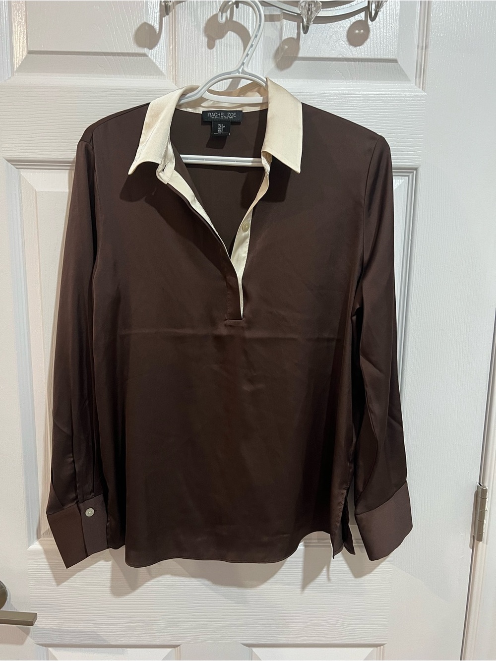 NWT Rachel Zoe Brown Satin Blouse Cream Collar Cuffs Size S